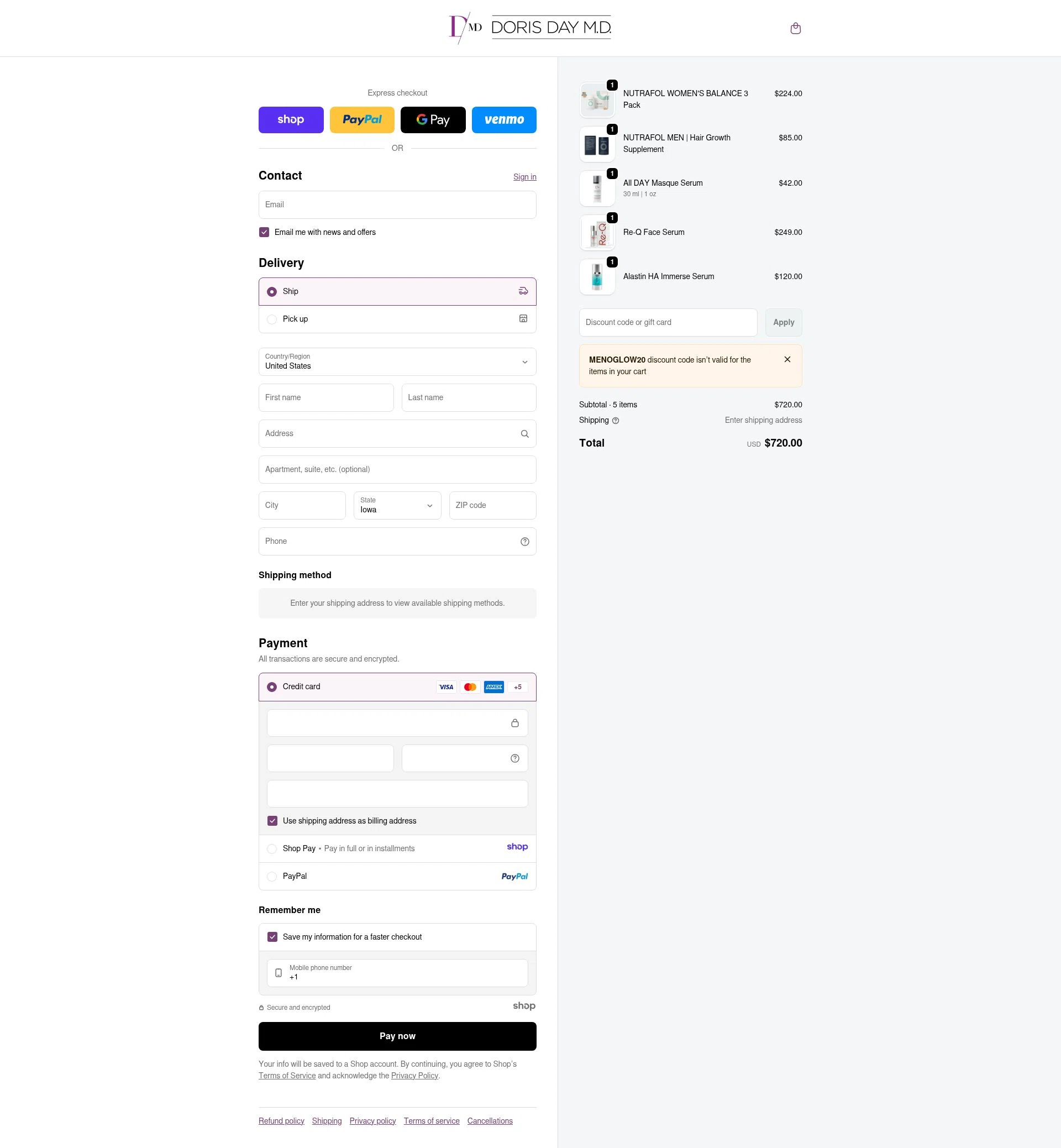 Doris Day MD checkout page showing Doris Day MD promo code box | Screenshot taken by SimplyCodes community member on Dec 31, 2025