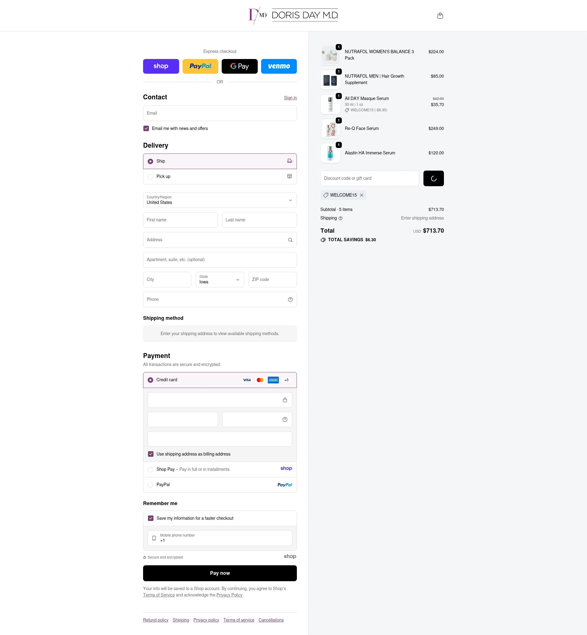 Doris Day MD checkout page showing Doris Day MD promo code box | Screenshot taken by SimplyCodes community member on Dec 26, 2025
