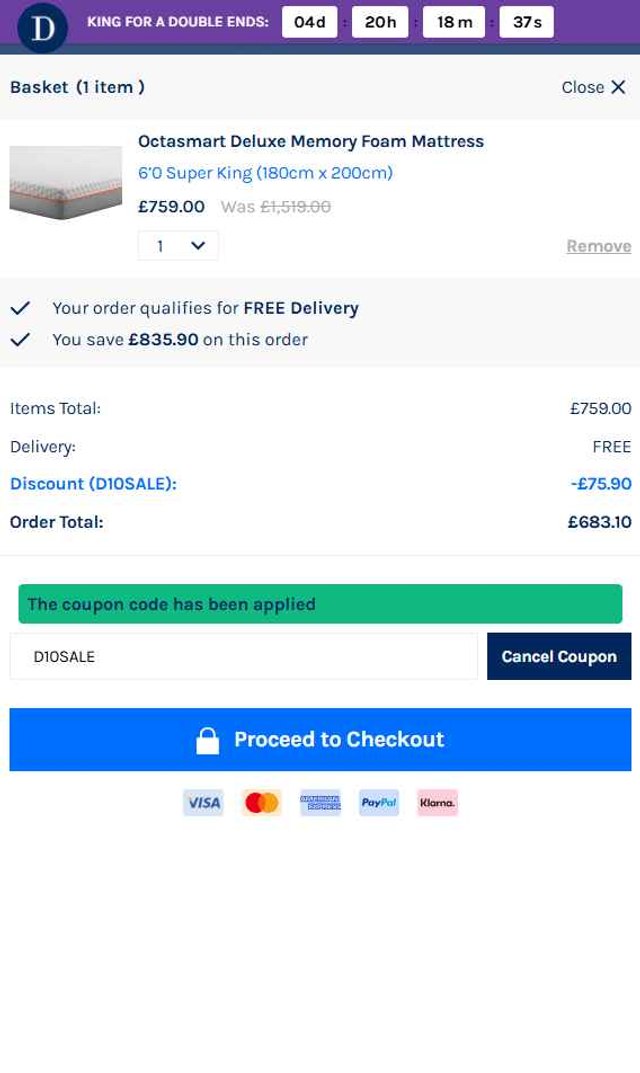 Dormeo checkout page showing Dormeo promo code box | Screenshot taken by SimplyCodes community member on Jun 12, 2025