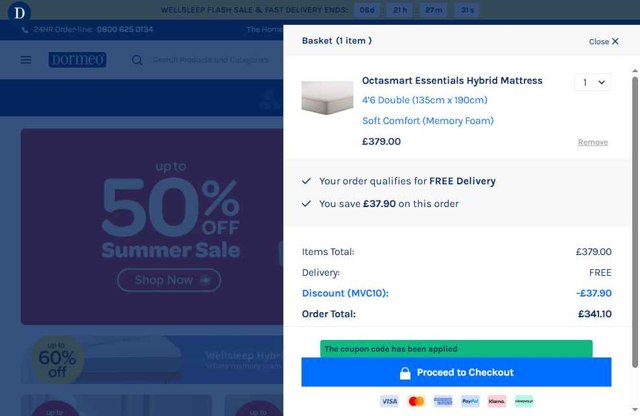 Dormeo checkout page showing Dormeo promo code box | Screenshot taken by SimplyCodes community member on Jul 8, 2025