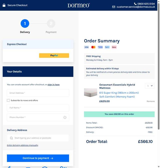 Dormeo checkout page showing Dormeo promo code box | Screenshot taken by SimplyCodes community member on Jun 12, 2025