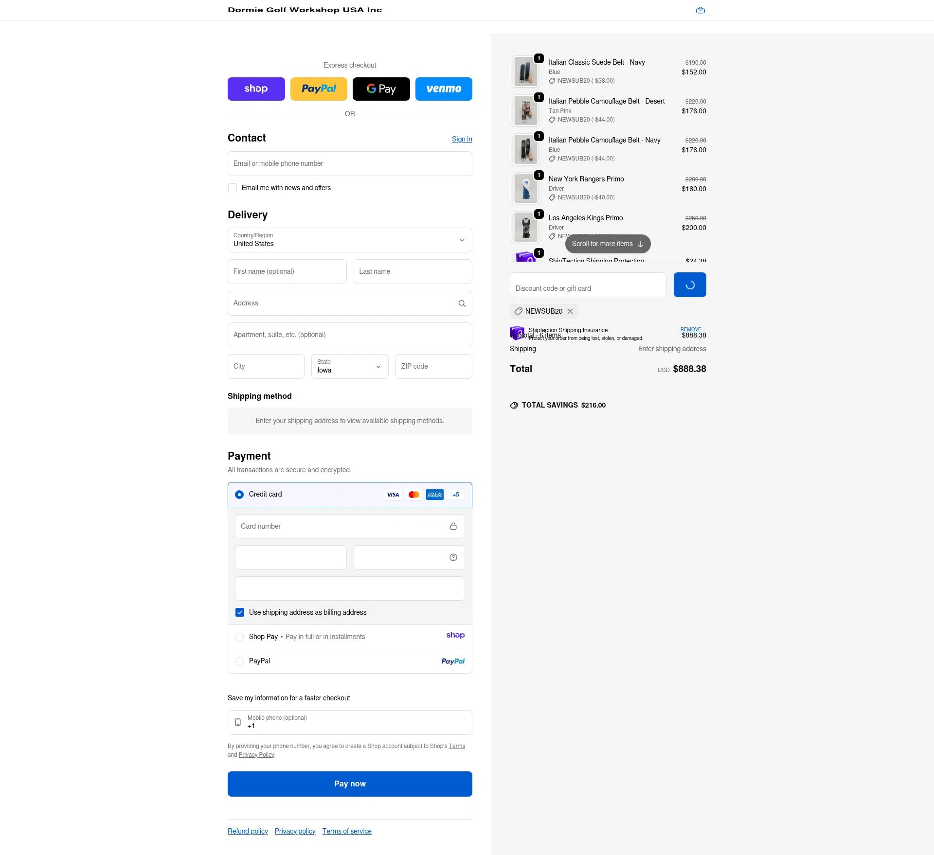 Dormie Golf Workshop checkout page showing Dormie Golf Workshop promo code box | Screenshot taken by SimplyCodes community member on Jan 10, 2026