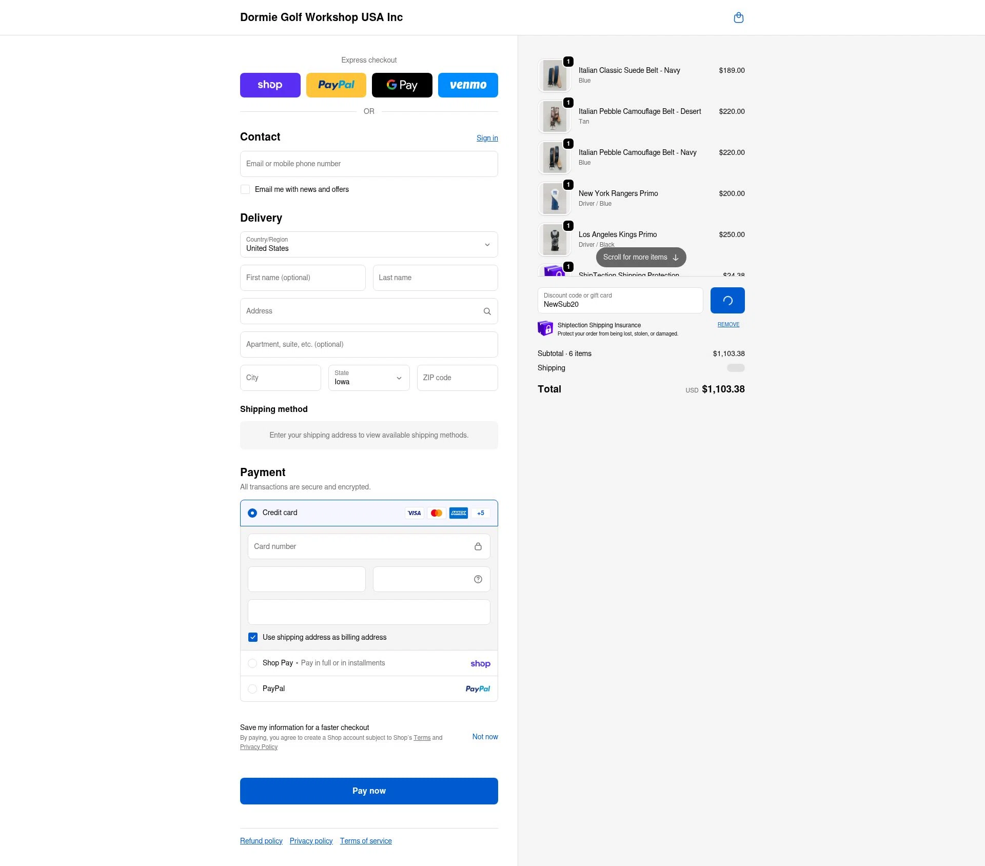 Dormie Golf Workshop checkout page showing Dormie Golf Workshop promo code box | Screenshot taken by SimplyCodes community member on Feb 15, 2026
