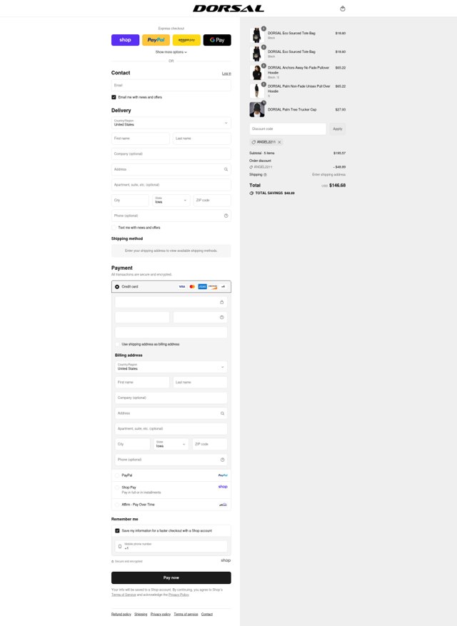 DORSAL checkout page showing DORSAL discount code box | Screenshot taken by SimplyCodes community member on Sep 8, 2025