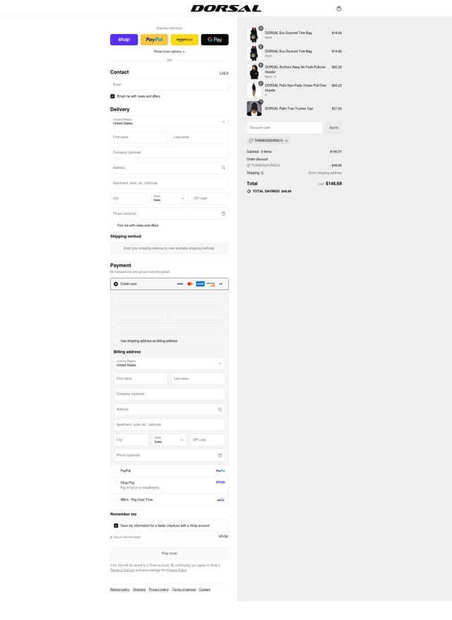DORSAL checkout page showing DORSAL discount code box | Screenshot taken by SimplyCodes community member on Sep 8, 2025