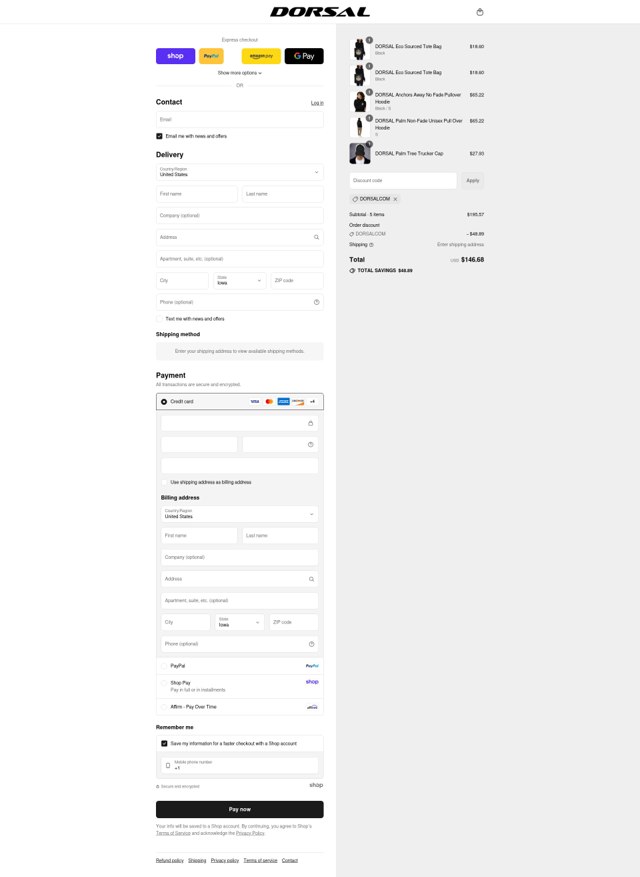 DORSAL checkout page showing DORSAL discount code box | Screenshot taken by SimplyCodes community member on Sep 8, 2025