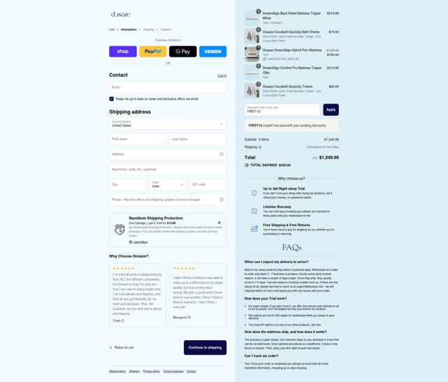Dosaze checkout page showing Dosaze coupon code box | Screenshot taken by SimplyCodes community member on Aug 31, 2025
