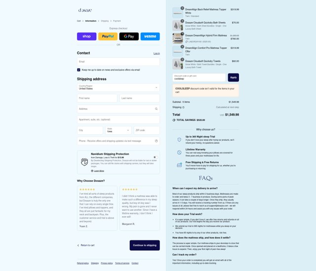 Dosaze checkout page showing Dosaze coupon code box | Screenshot taken by SimplyCodes community member on Sep 4, 2025