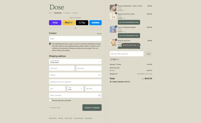 Dose checkout page showing Dose discount code box | Screenshot taken by SimplyCodes community member on Sep 12, 2025