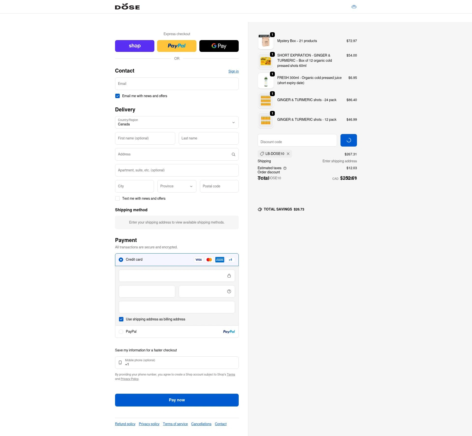 Dose Juice checkout page showing Dose Juice promo code box | Screenshot taken by SimplyCodes community member on Feb 1, 2026