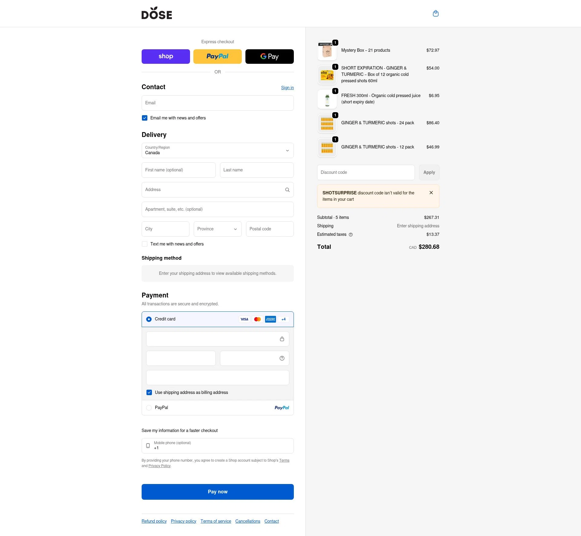 Dose Juice checkout page showing Dose Juice promo code box | Screenshot taken by SimplyCodes community member on Feb 1, 2026