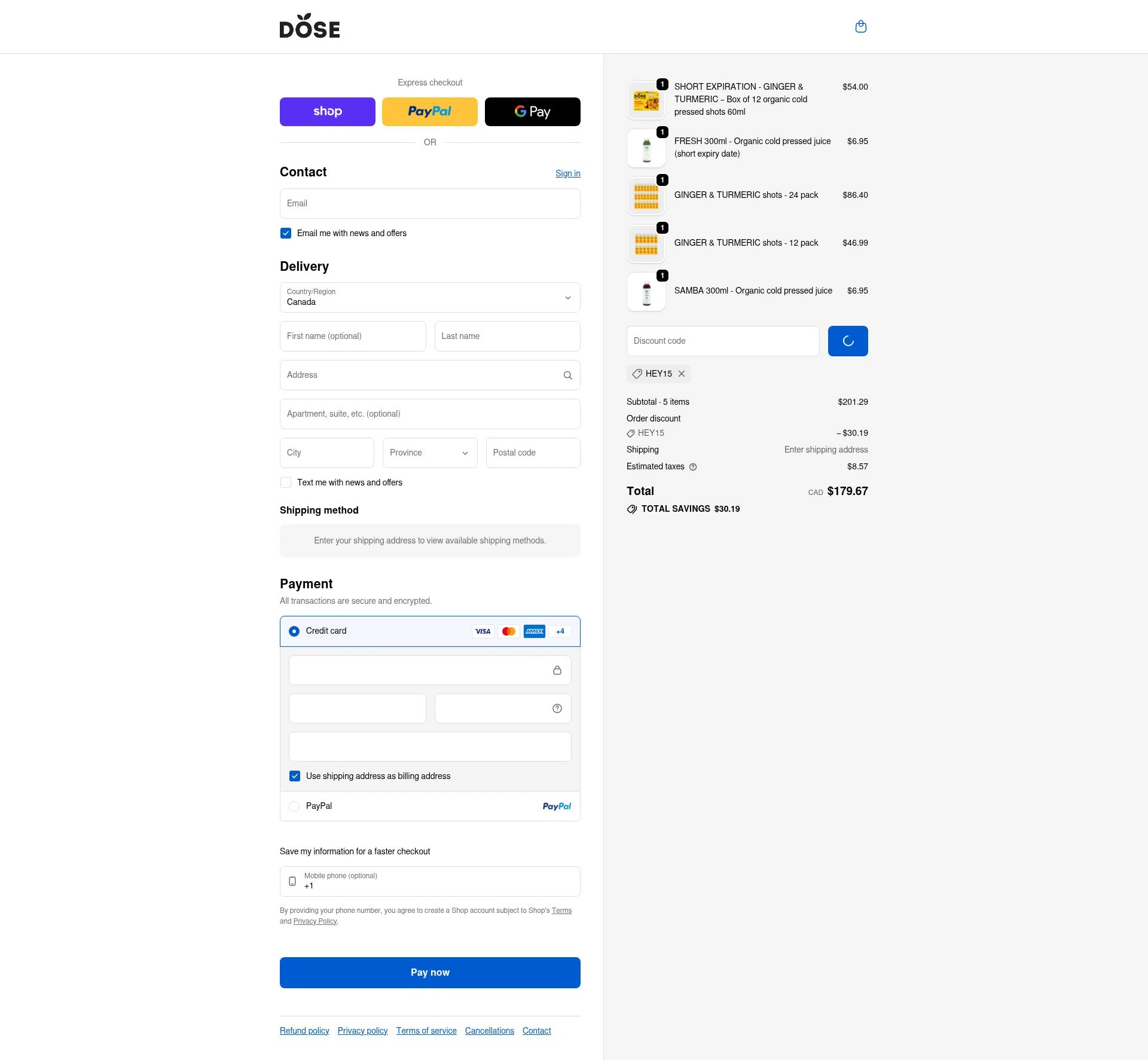 Dose Juice checkout page showing Dose Juice promo code box | Screenshot taken by SimplyCodes community member on Feb 6, 2026
