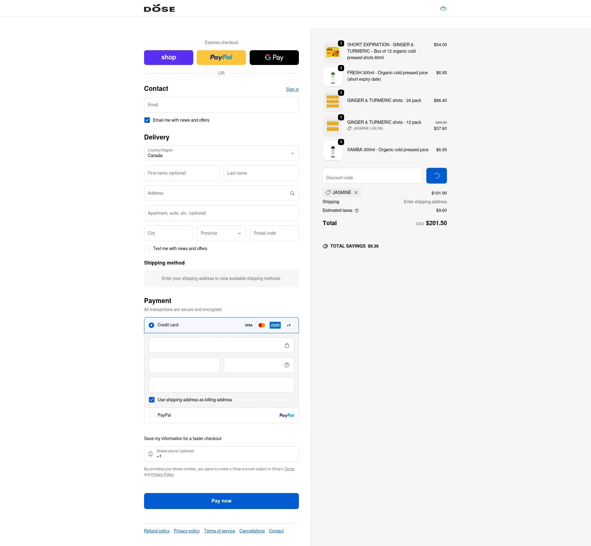 Dose Juice checkout page showing Dose Juice promo code box | Screenshot taken by SimplyCodes community member on Feb 6, 2026