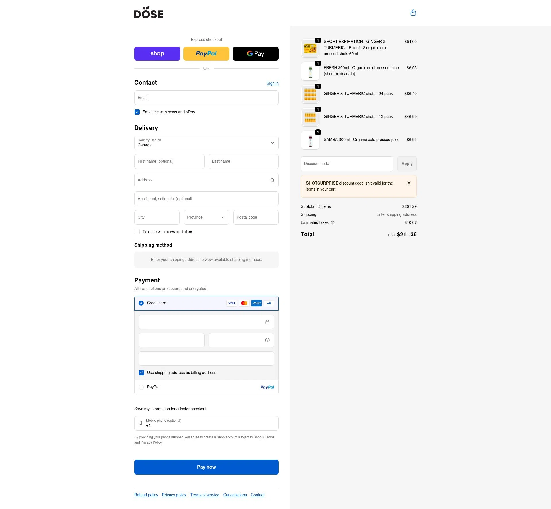 Dose Juice checkout page showing Dose Juice promo code box | Screenshot taken by SimplyCodes community member on Feb 6, 2026
