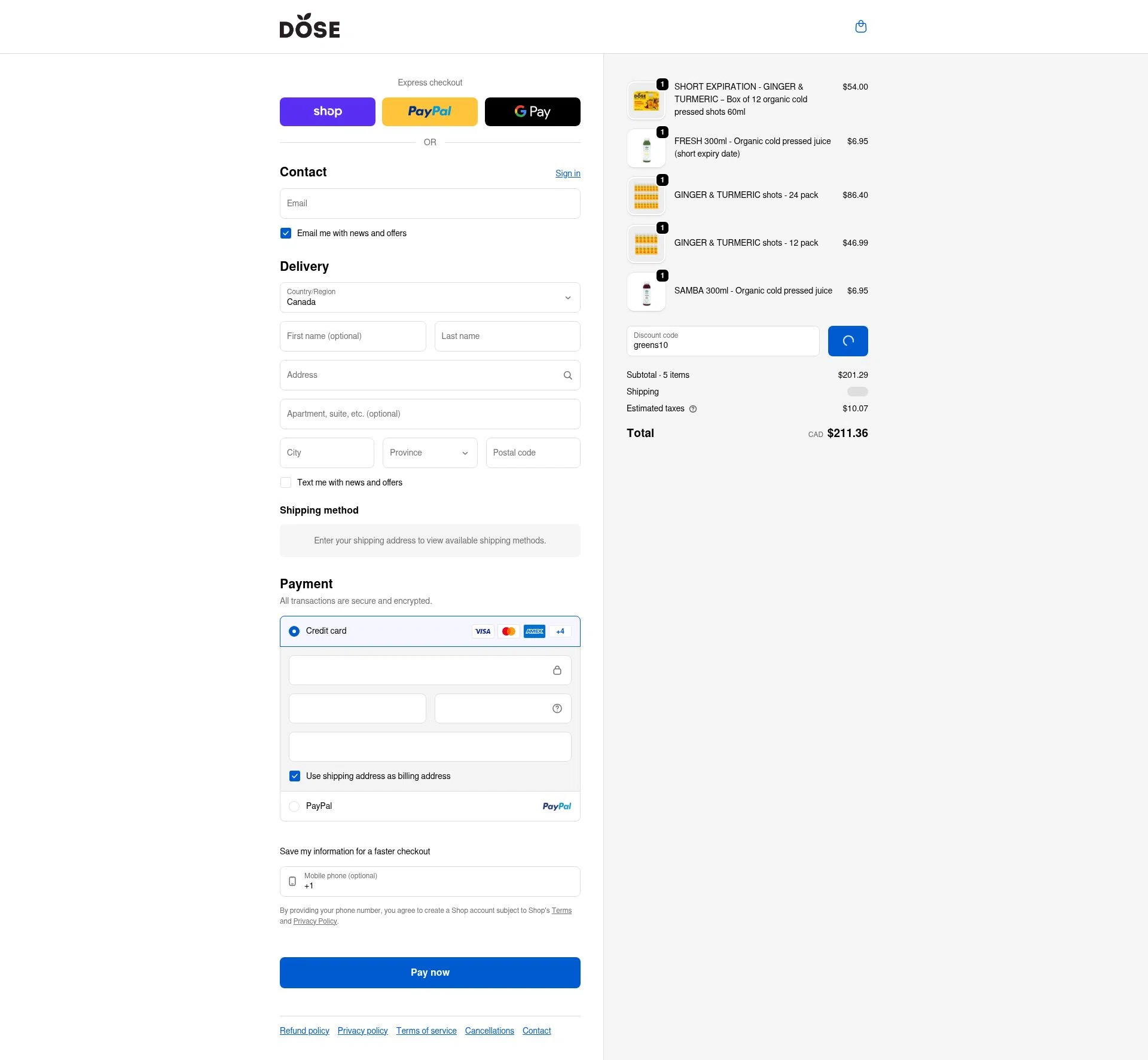 Dose Juice checkout page showing Dose Juice promo code box | Screenshot taken by SimplyCodes community member on Feb 6, 2026