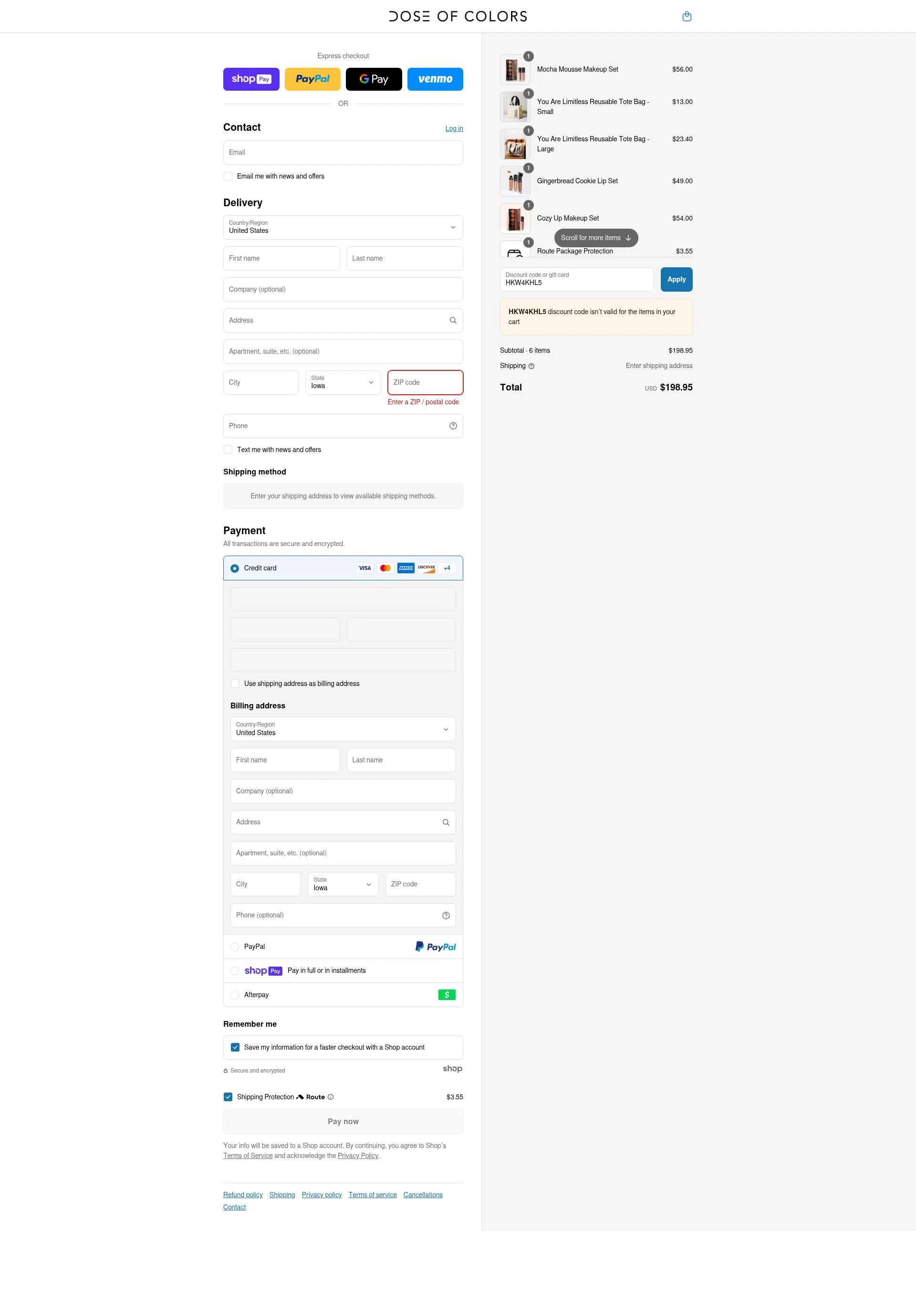 Dose of Colors checkout page showing Dose of Colors discount code box | Screenshot taken by SimplyCodes community member on Jul 27, 2025