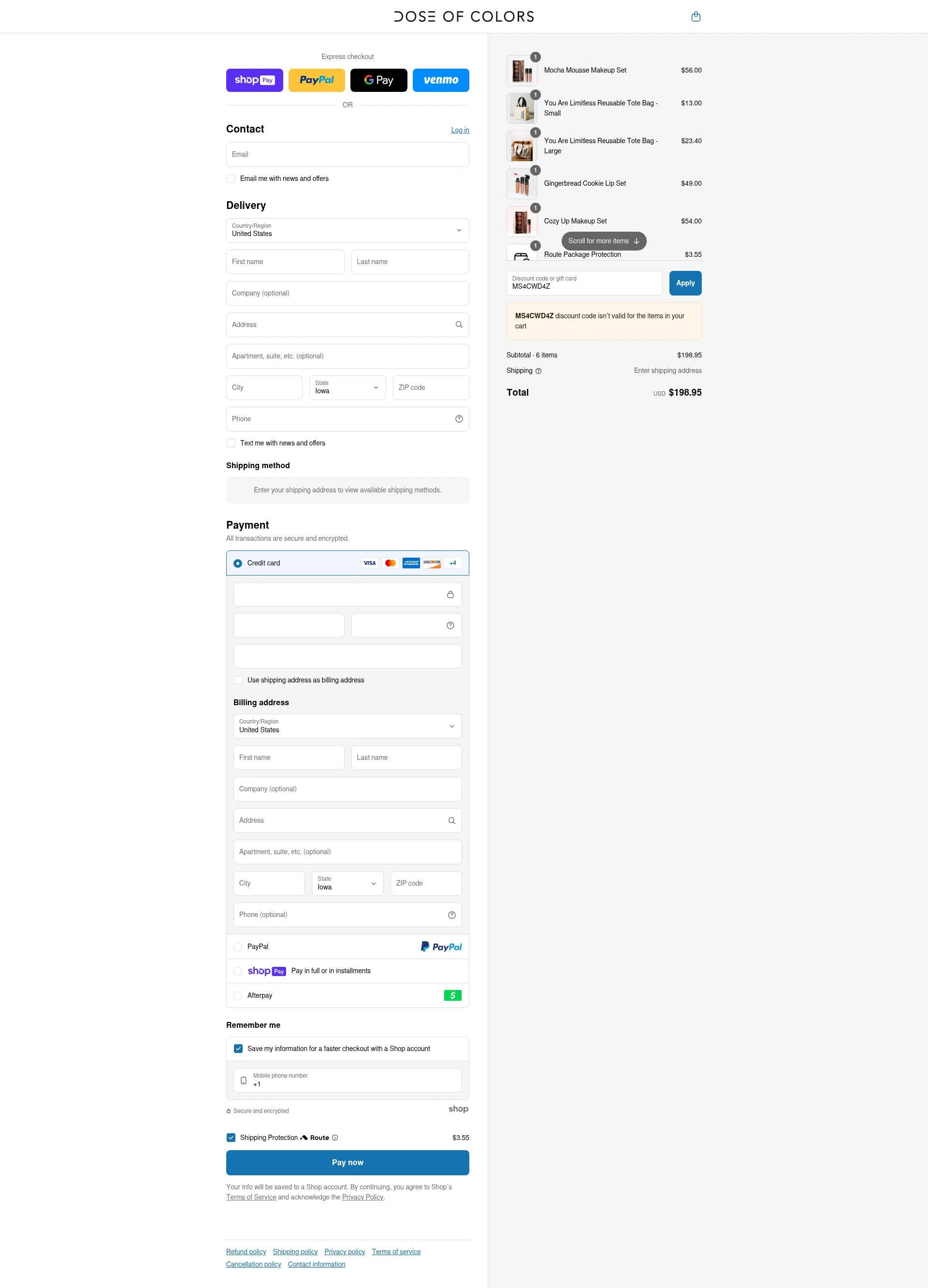 Dose of Colors checkout page showing Dose of Colors discount code box | Screenshot taken by SimplyCodes community member on Jul 10, 2025