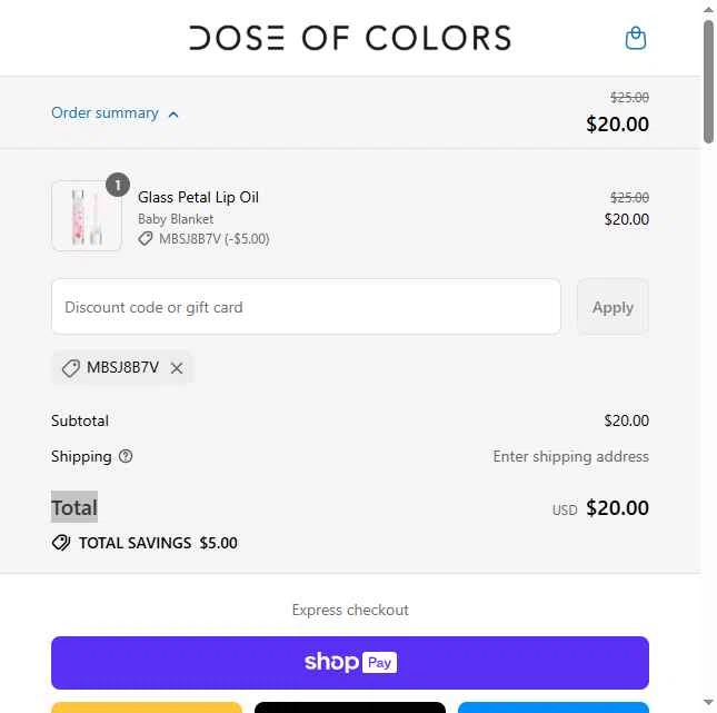 Dose of Colors checkout page showing Dose of Colors discount code box | Screenshot taken by SimplyCodes community member on Jul 17, 2025