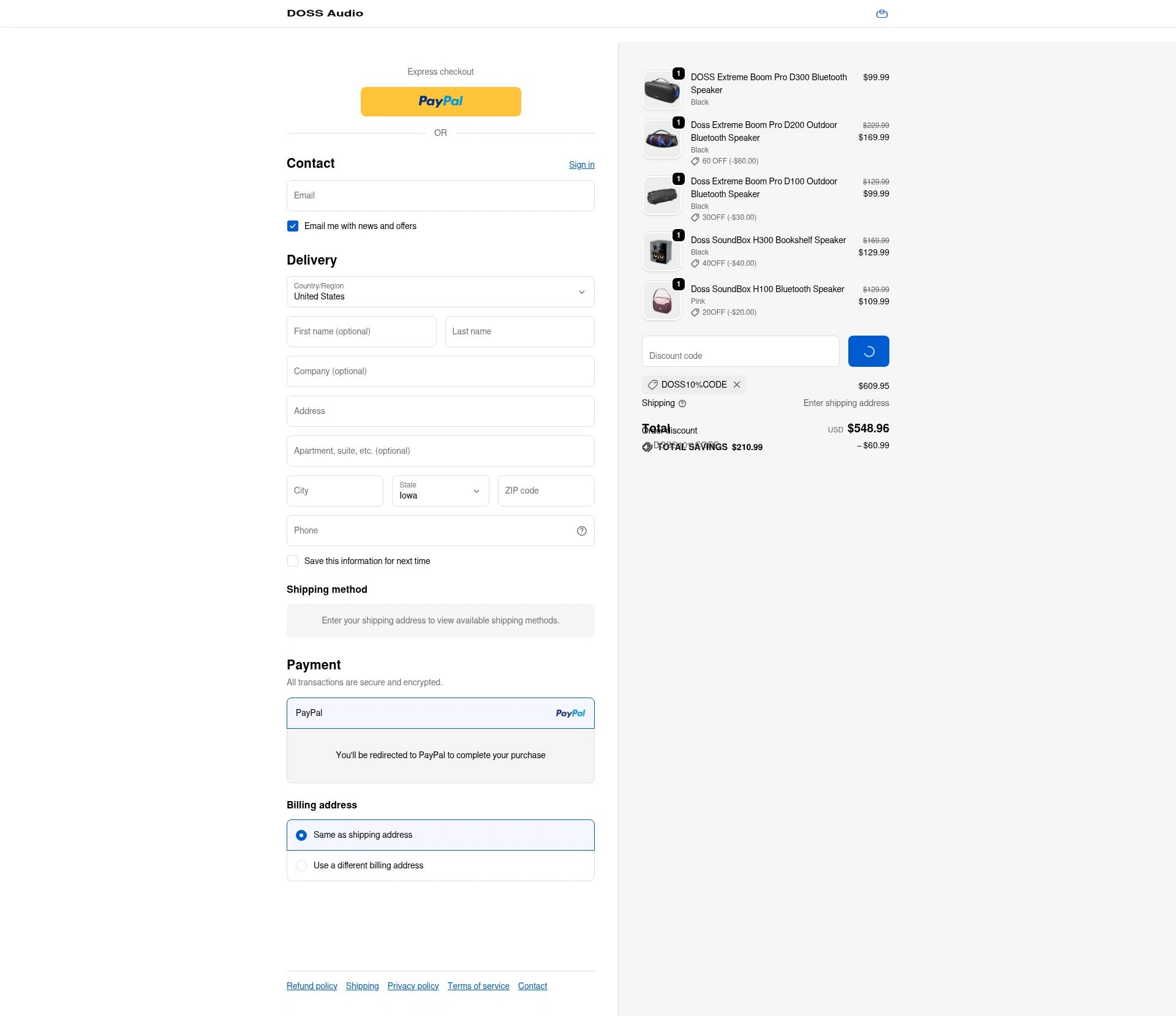 Doss Audio checkout page showing Doss Audio promo code box | Screenshot taken by SimplyCodes community member on Feb 9, 2026