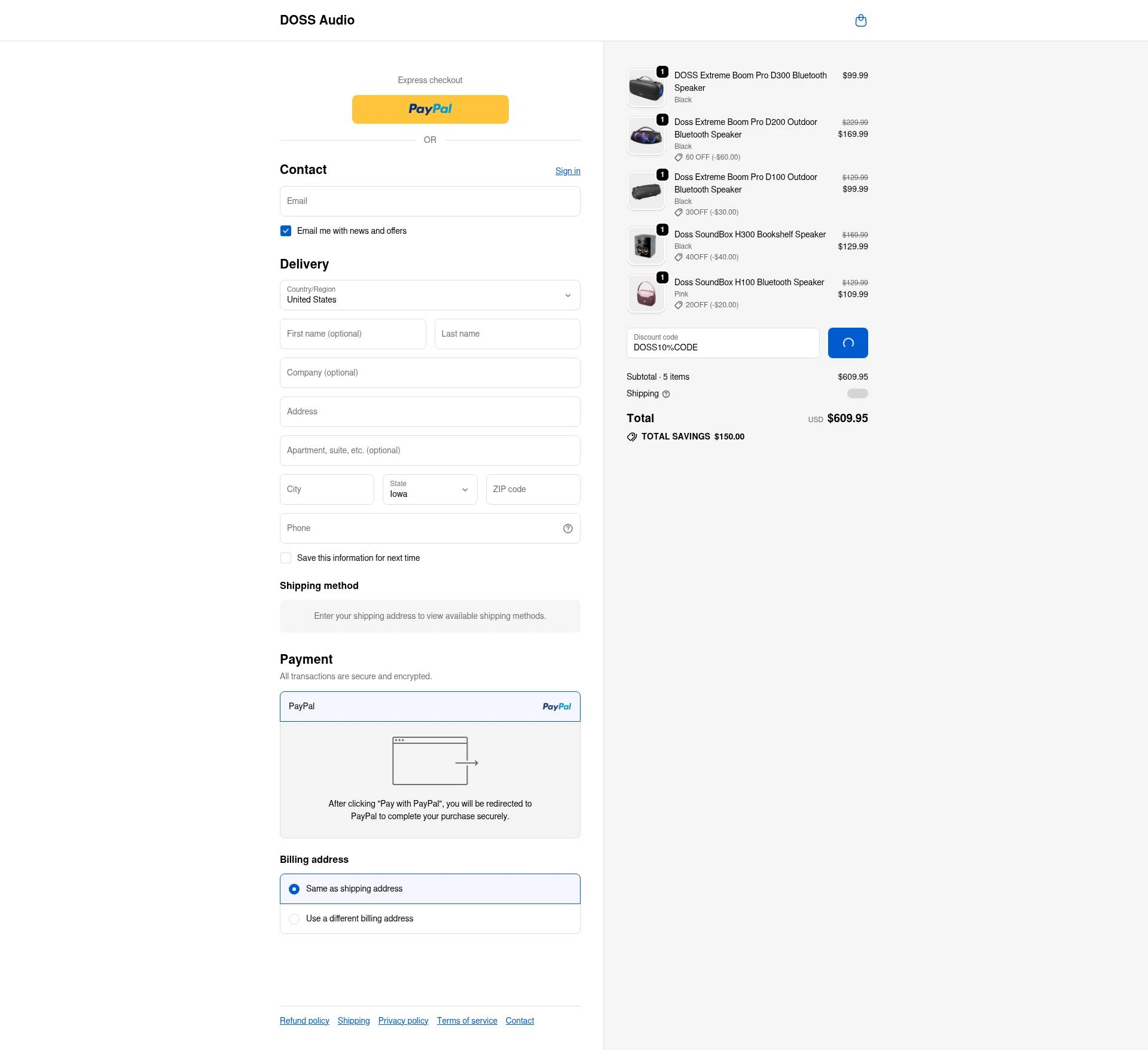 Doss Audio checkout page showing Doss Audio promo code box | Screenshot taken by SimplyCodes community member on Jan 18, 2026