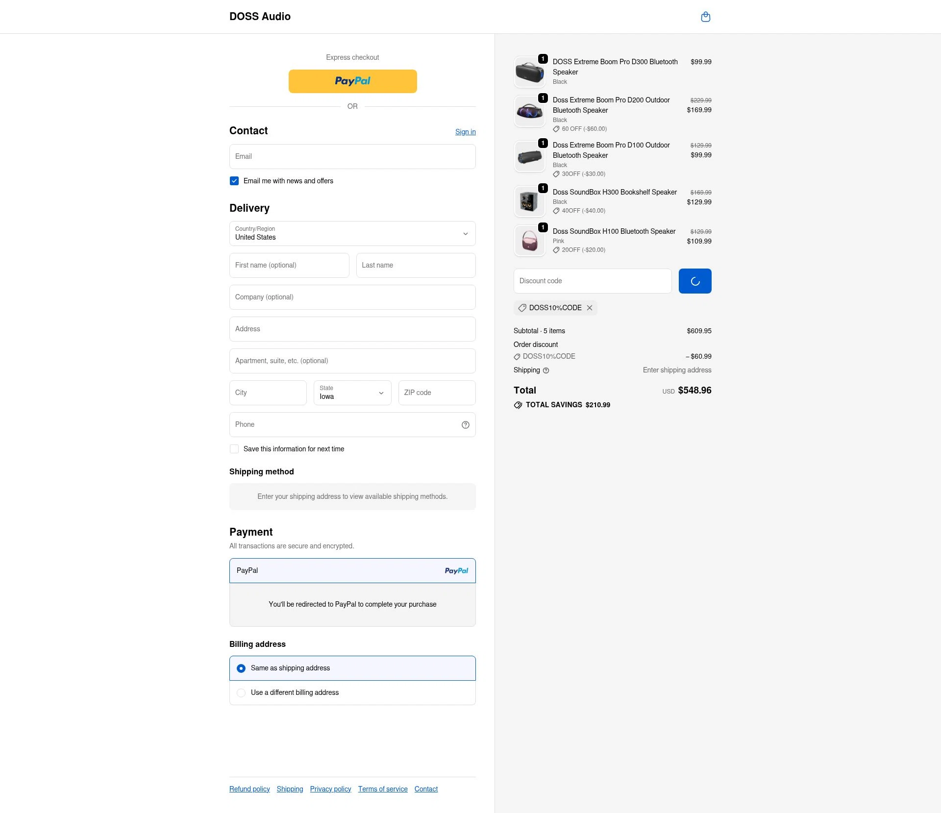 Doss Audio checkout page showing Doss Audio promo code box | Screenshot taken by SimplyCodes community member on Feb 13, 2026