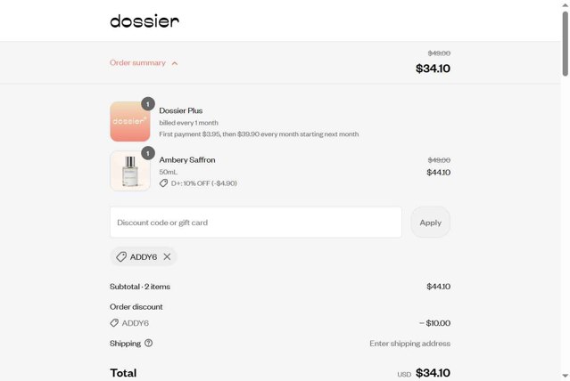 Dossier checkout page showing Dossier discount code box | Screenshot taken by SimplyCodes community member on Aug 20, 2025