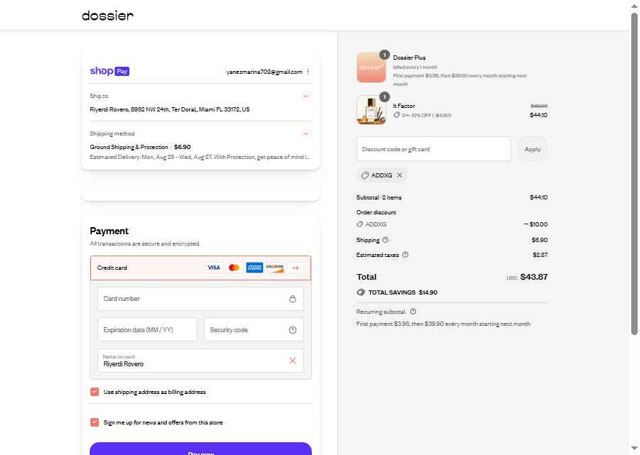 Dossier checkout page showing Dossier discount code box | Screenshot taken by SimplyCodes community member on Aug 20, 2025
