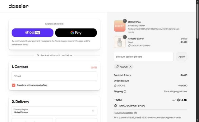 Dossier checkout page showing Dossier discount code box | Screenshot taken by SimplyCodes community member on Aug 23, 2025
