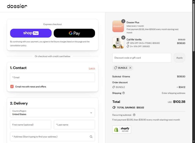 Dossier checkout page showing Dossier discount code box | Screenshot taken by SimplyCodes community member on Aug 23, 2025