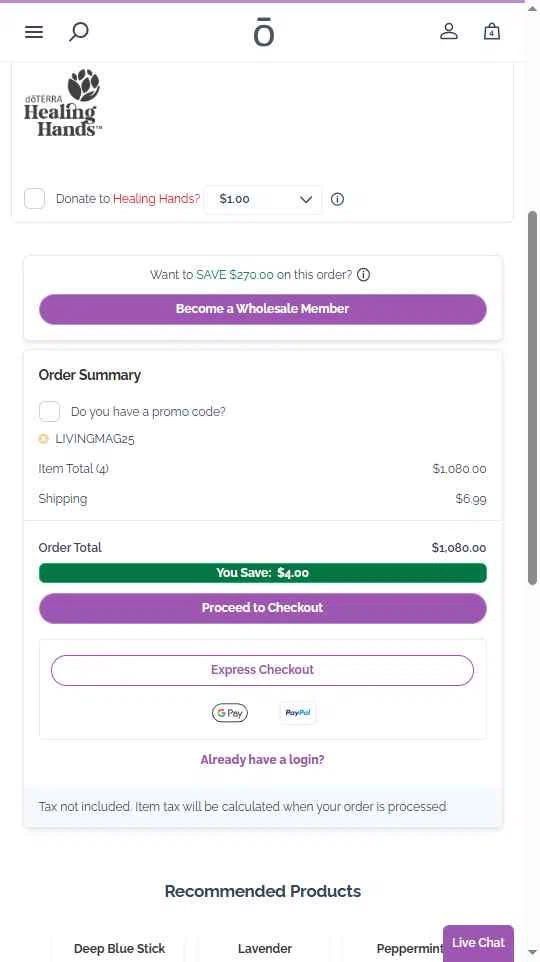 doTERRA checkout page showing doTERRA promo code box | Screenshot taken by SimplyCodes community member on Nov 3, 2025