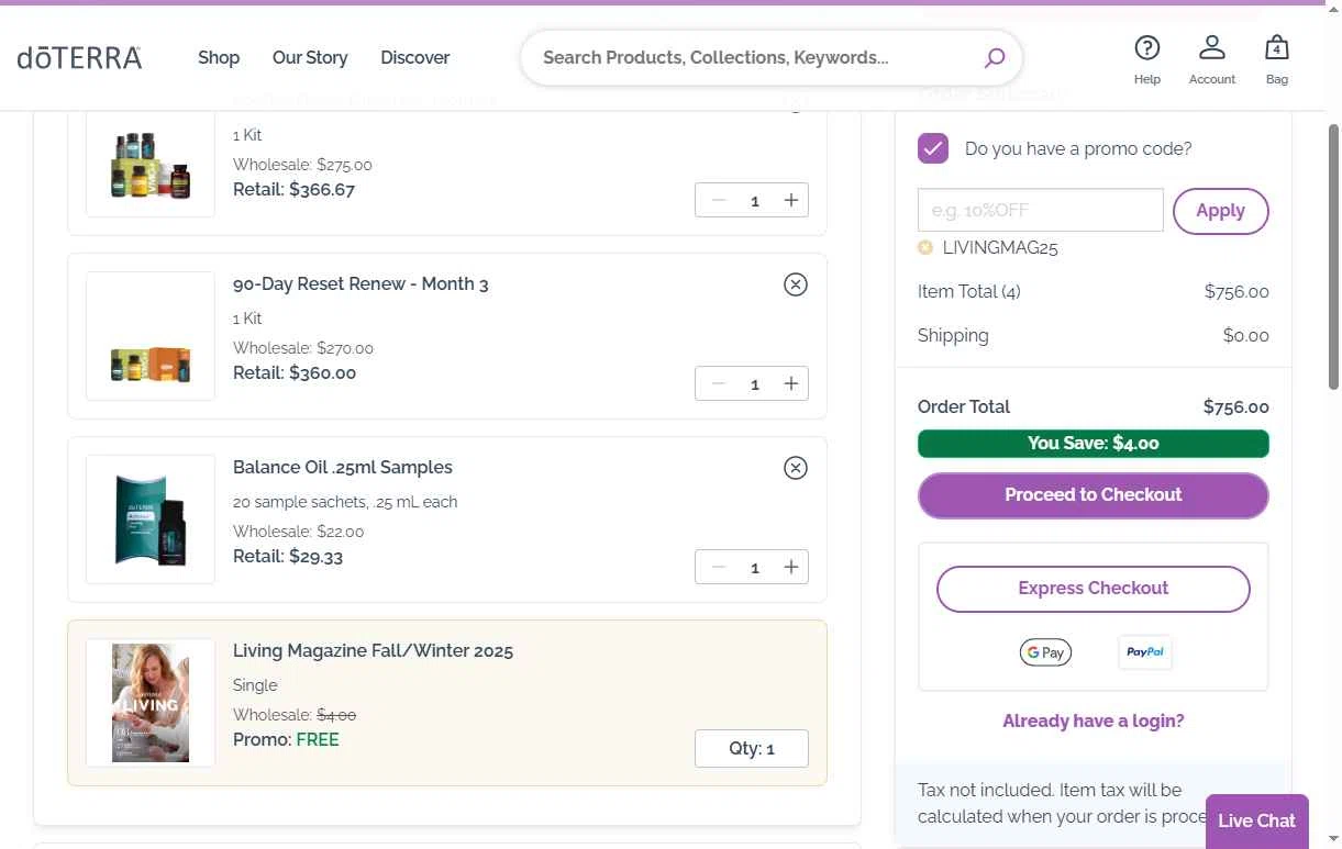 doTERRA checkout page showing doTERRA promo code box | Screenshot taken by SimplyCodes community member on Nov 3, 2025