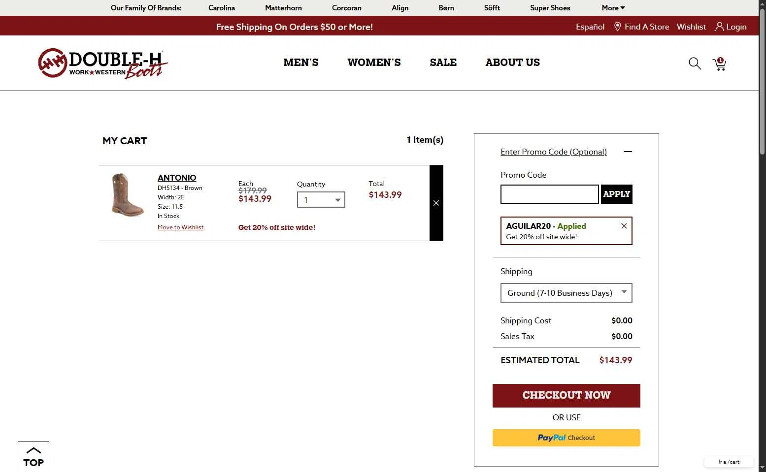 Double-H Boots checkout page showing Double-H Boots promo code box | Screenshot taken by SimplyCodes community member on Sep 22, 2025