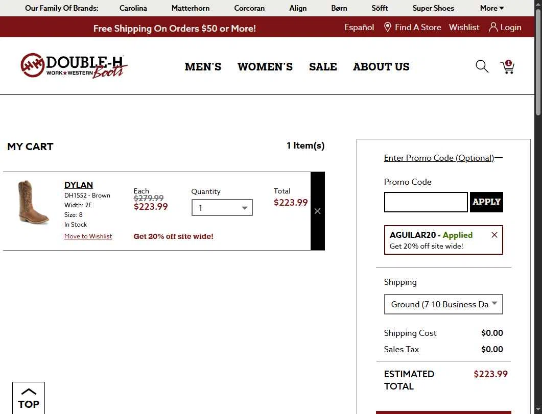 Double-H Boots checkout page showing Double-H Boots promo code box | Screenshot taken by SimplyCodes community member on Oct 21, 2025