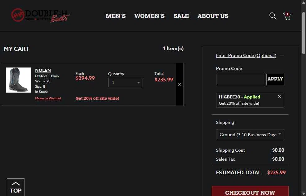 Double-H Boots checkout page showing Double-H Boots promo code box | Screenshot taken by SimplyCodes community member on Jul 23, 2025