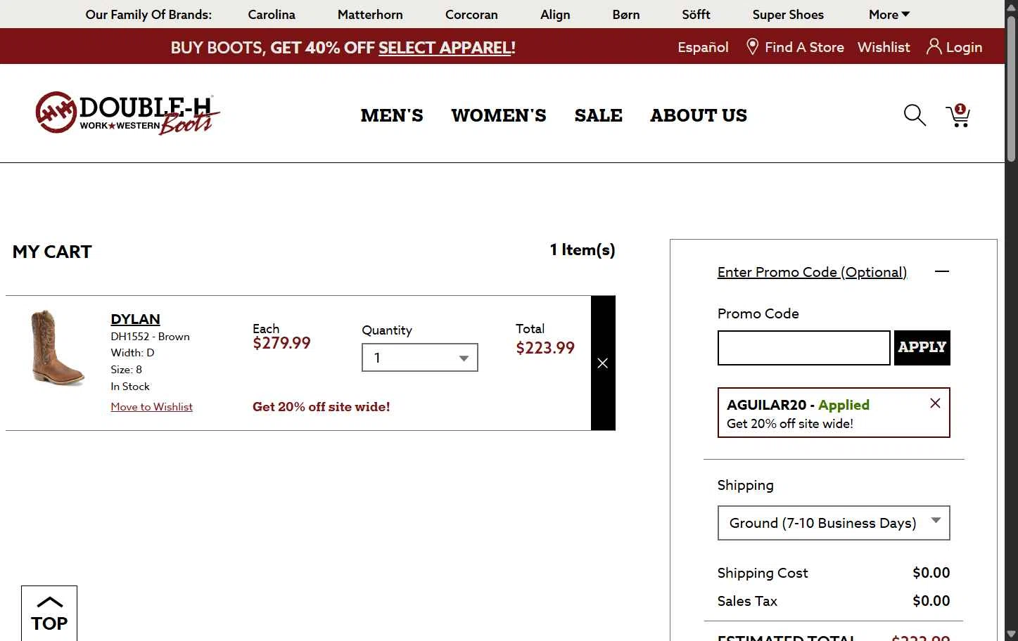 Double-H Boots checkout page showing Double-H Boots promo code box | Screenshot taken by SimplyCodes community member on Aug 24, 2025