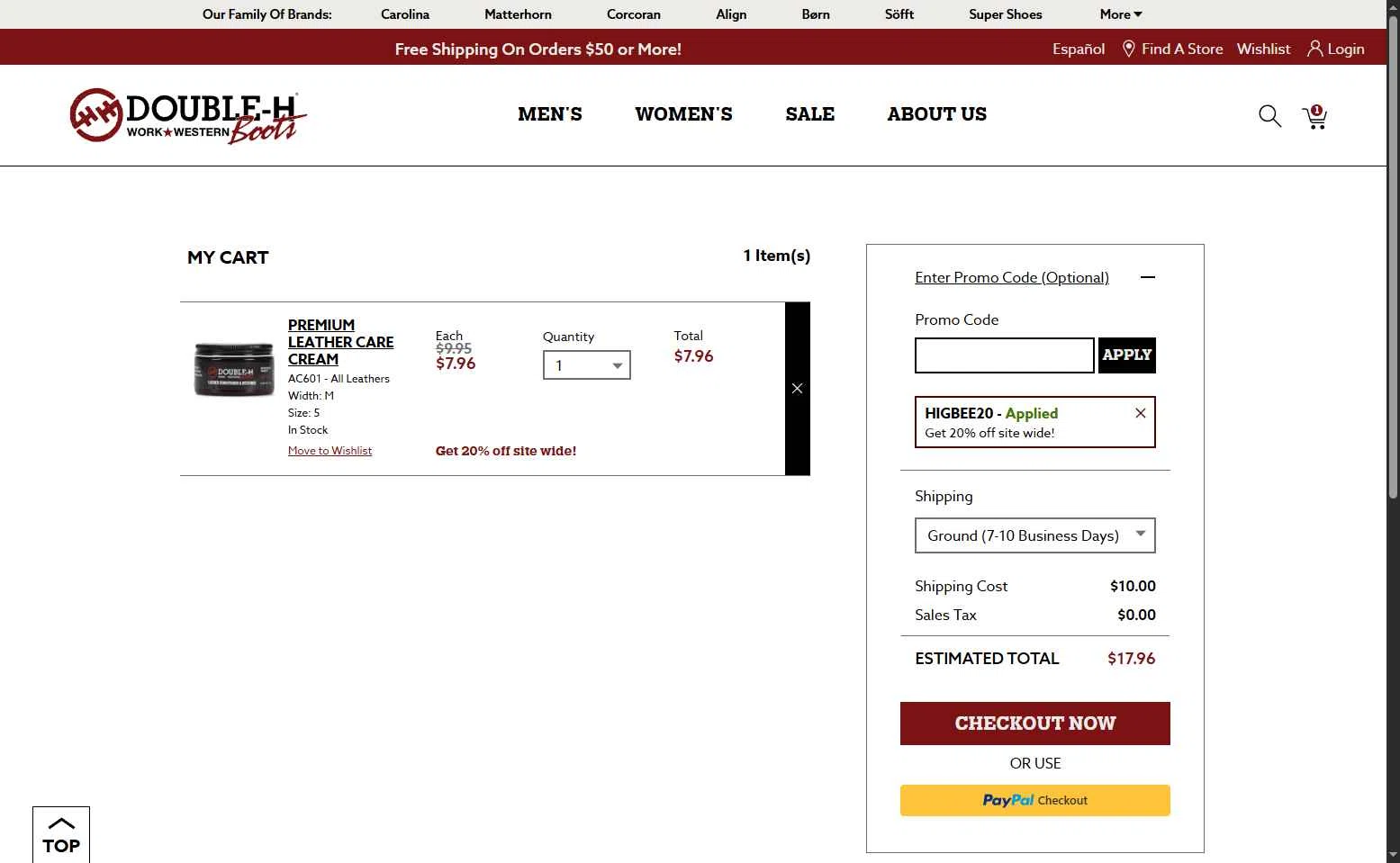 Double-H Boots checkout page showing Double-H Boots promo code box | Screenshot taken by SimplyCodes community member on Jul 6, 2025