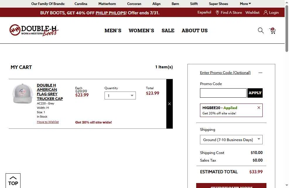 Double-H Boots checkout page showing Double-H Boots promo code box | Screenshot taken by SimplyCodes community member on Jul 23, 2025