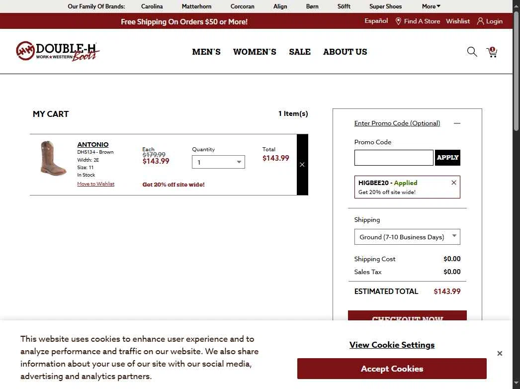 Double-H Boots checkout page showing Double-H Boots promo code box | Screenshot taken by SimplyCodes community member on Oct 18, 2025