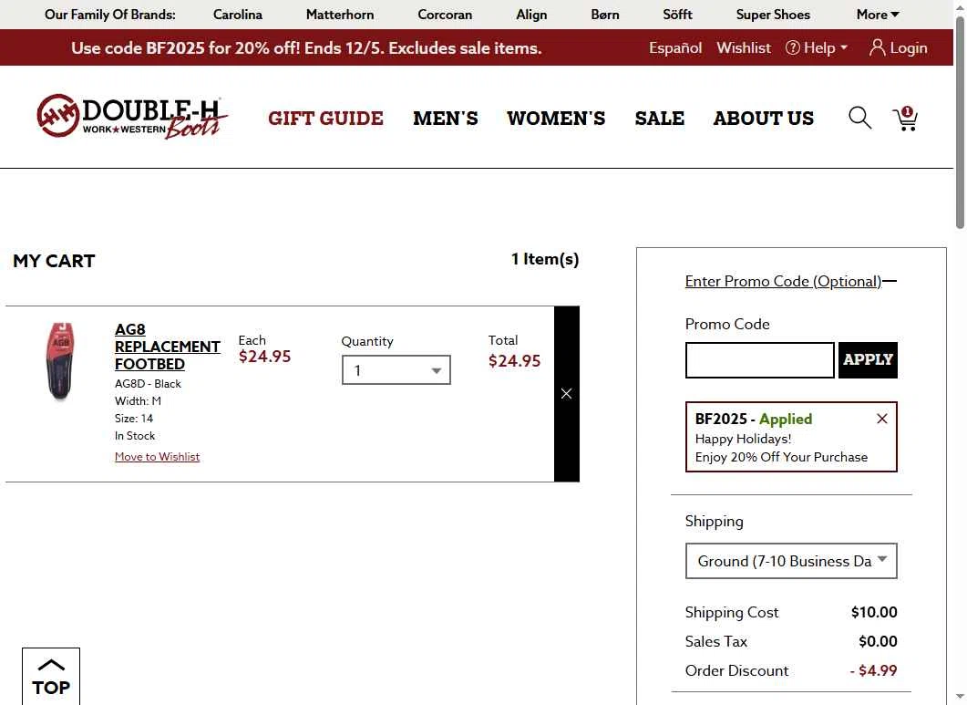 Double-H Boots checkout page showing Double-H Boots promo code box | Screenshot taken by SimplyCodes community member on Dec 2, 2025