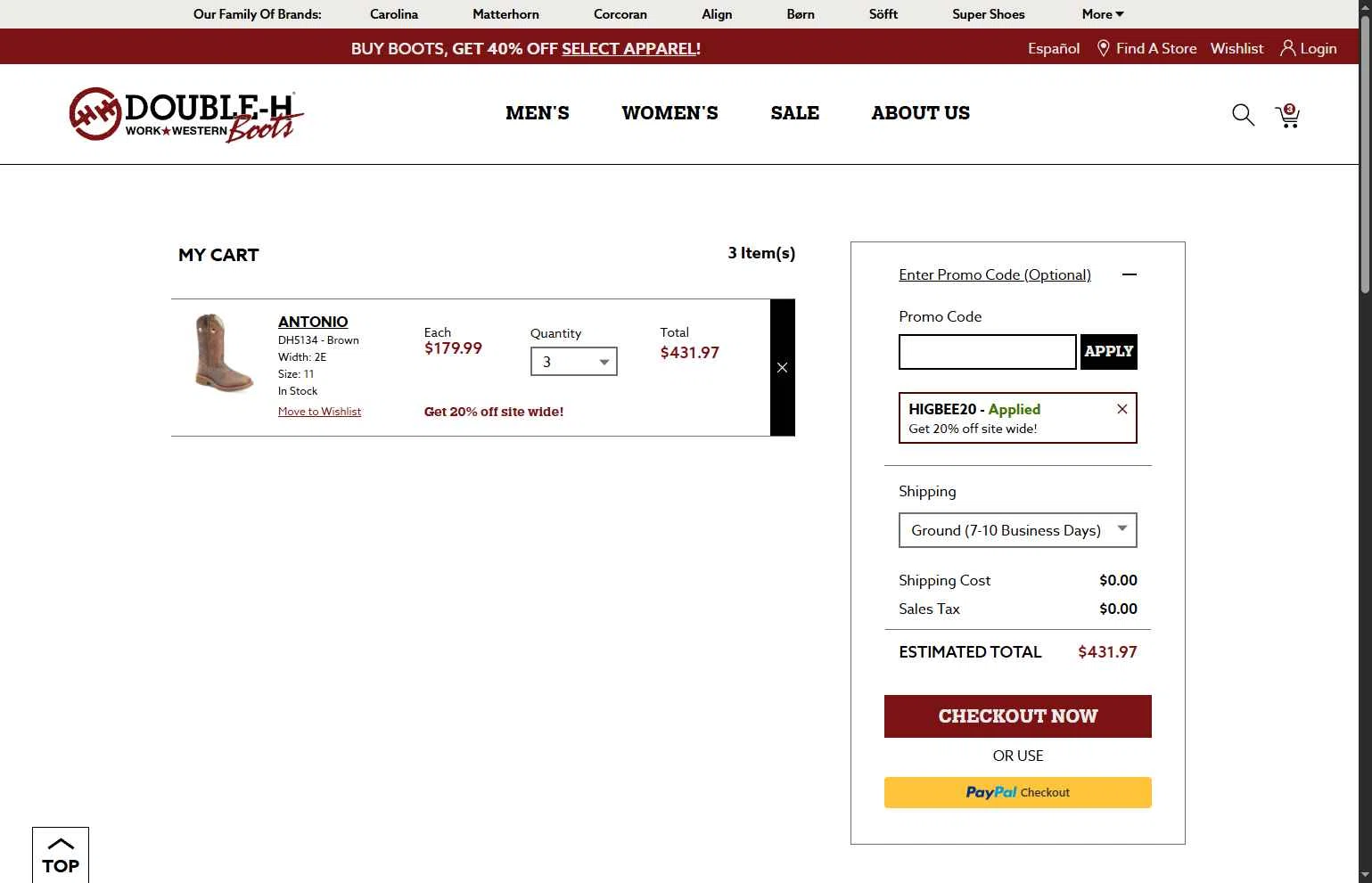Double-H Boots checkout page showing Double-H Boots promo code box | Screenshot taken by SimplyCodes community member on Aug 21, 2025