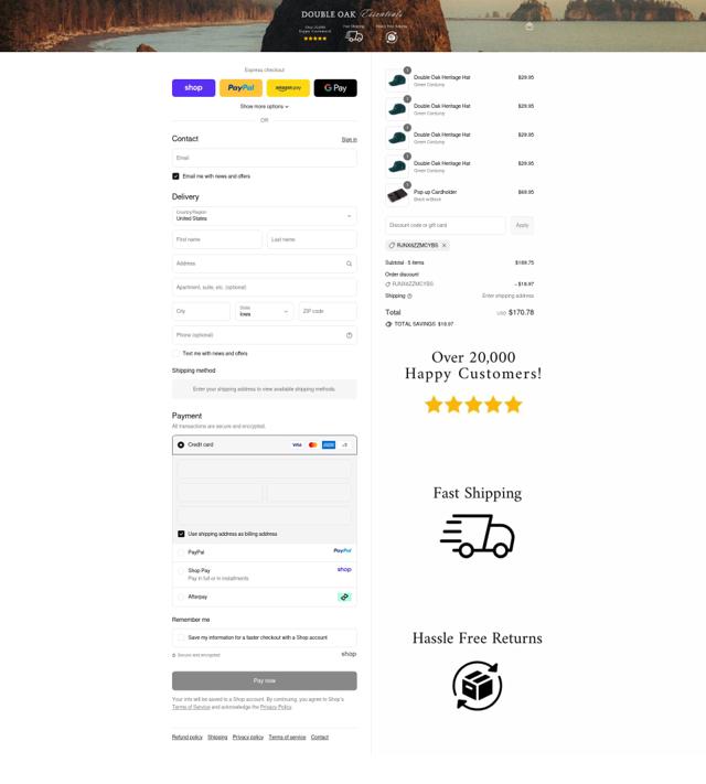 Double Oak Essentials checkout page showing Double Oak Essentials discount code box | Screenshot taken by SimplyCodes community member on Sep 12, 2025