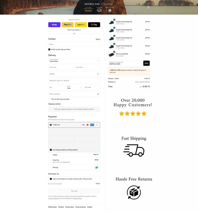 Double Oak Essentials checkout page showing Double Oak Essentials discount code box | Screenshot taken by SimplyCodes community member on Sep 12, 2025