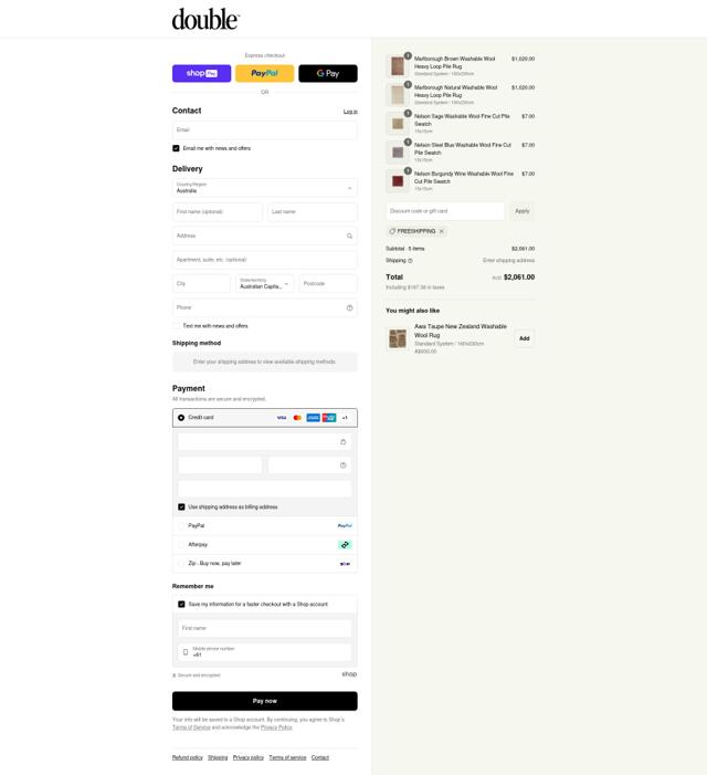 Double Rug checkout page showing Double Rug promo code box | Screenshot taken by SimplyCodes community member on Aug 14, 2025