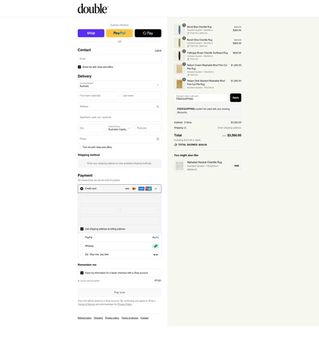 Double Rug checkout page showing Double Rug promo code box | Screenshot taken by SimplyCodes community member on Sep 5, 2025