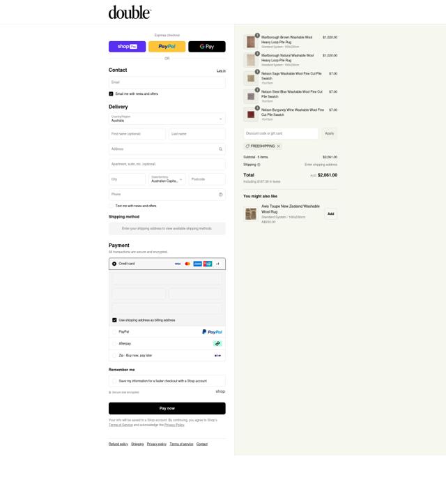 Double Rug checkout page showing Double Rug promo code box | Screenshot taken by SimplyCodes community member on Aug 7, 2025