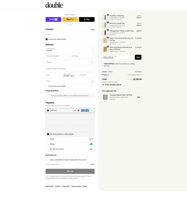 Double Rug checkout page showing Double Rug promo code box | Screenshot taken by SimplyCodes community member on Aug 28, 2025