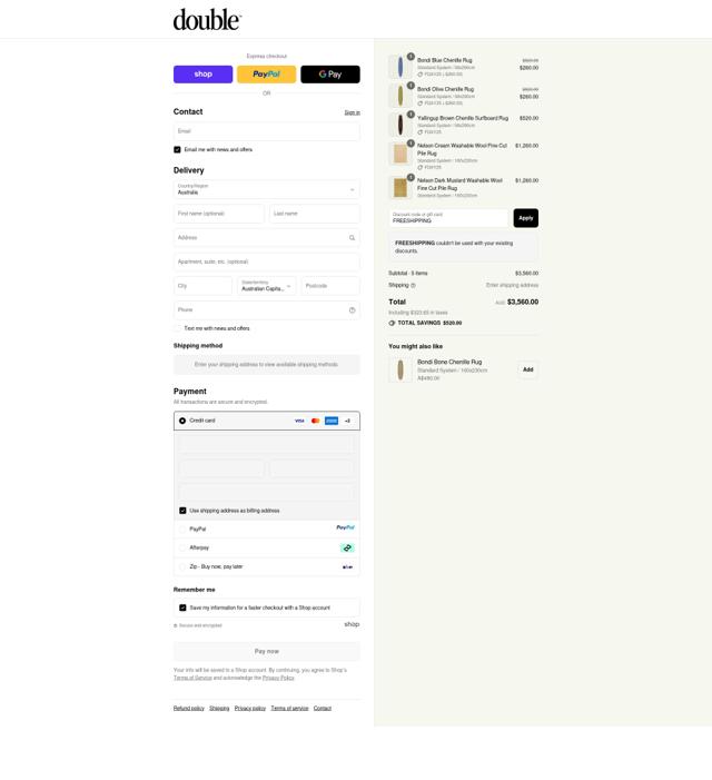 Double Rug checkout page showing Double Rug promo code box | Screenshot taken by SimplyCodes community member on Sep 10, 2025