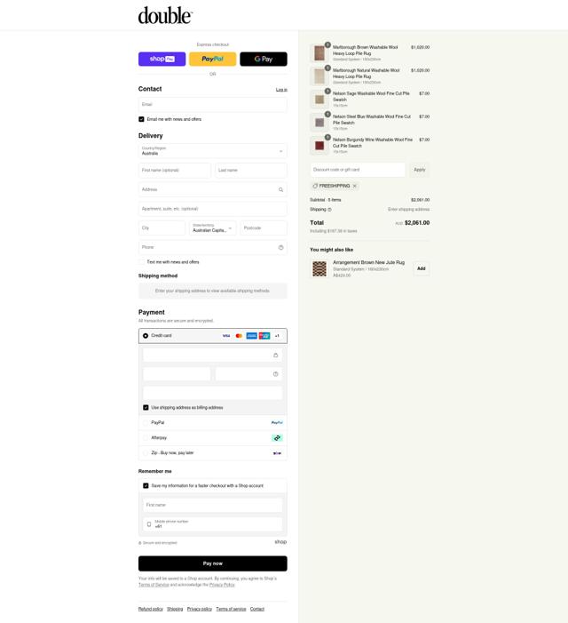 Double Rug checkout page showing Double Rug promo code box | Screenshot taken by SimplyCodes community member on Aug 24, 2025