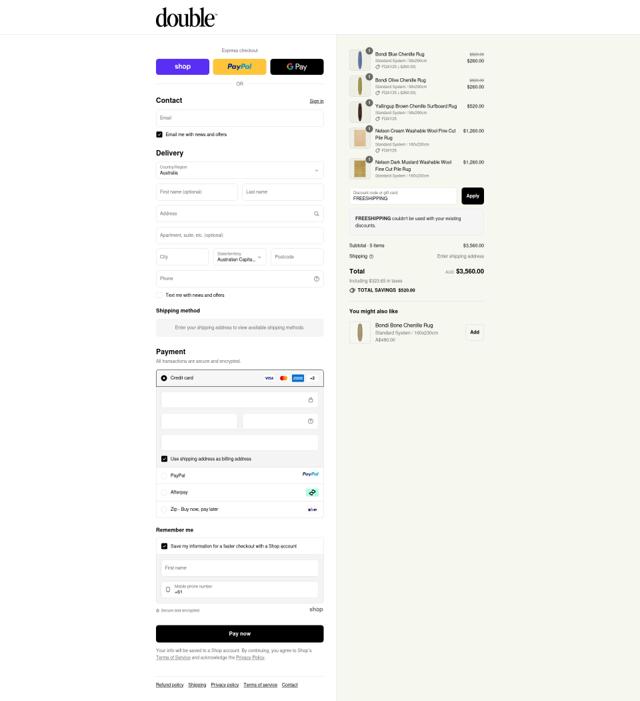 Double Rug checkout page showing Double Rug promo code box | Screenshot taken by SimplyCodes community member on Sep 13, 2025