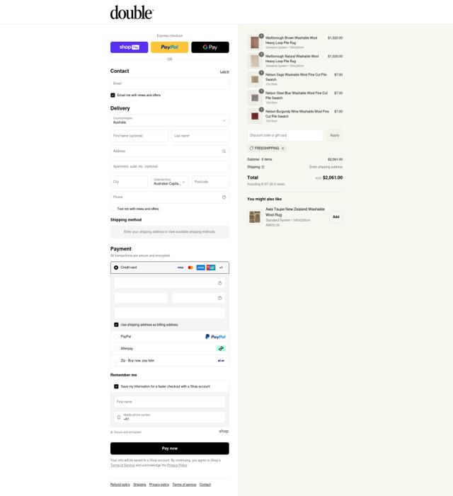Double Rug checkout page showing Double Rug promo code box | Screenshot taken by SimplyCodes community member on Aug 10, 2025